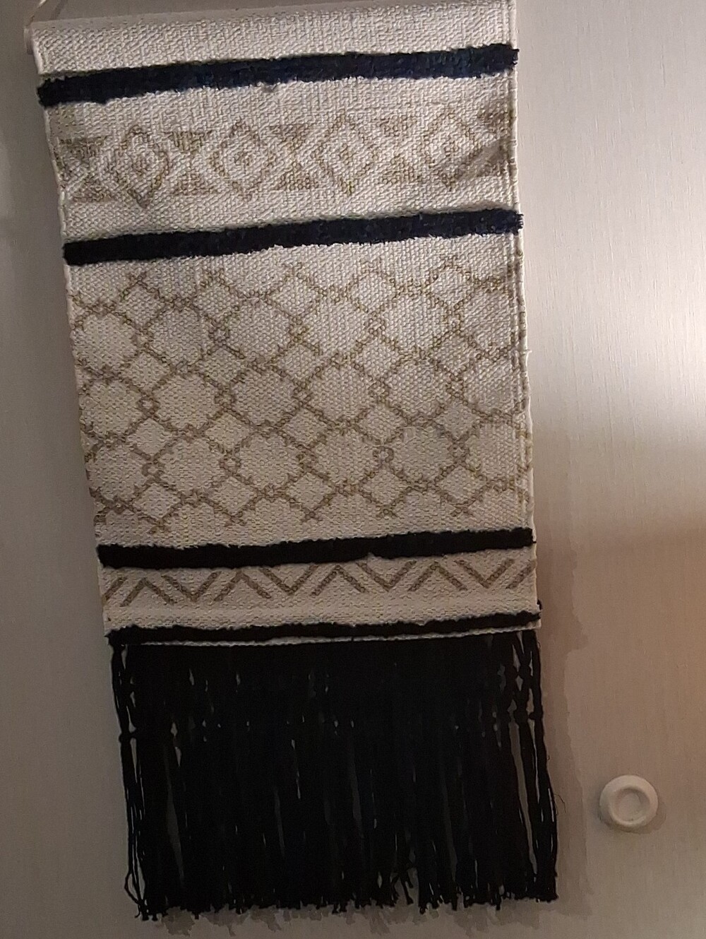 2 Neutral Cream and Black Woven Wall Hanging with Fringe - Home Wall Decor